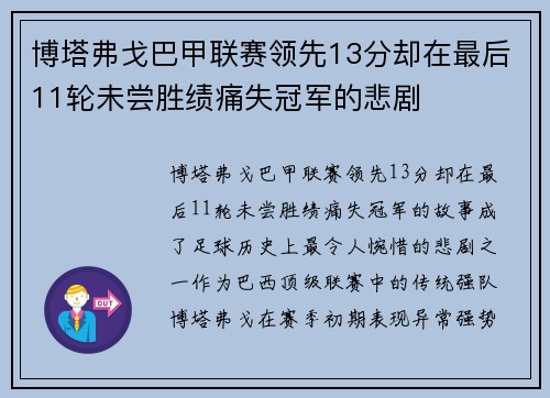 博塔弗戈巴甲联赛领先13分却在最后11轮未尝胜绩痛失冠军的悲剧